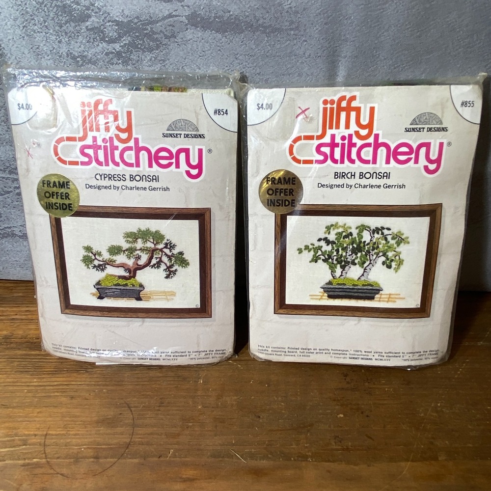 Vintage 1975 Jiffy Stitchery Bonsai Crewel Embroidery Kits 854 855 Set of 2 New